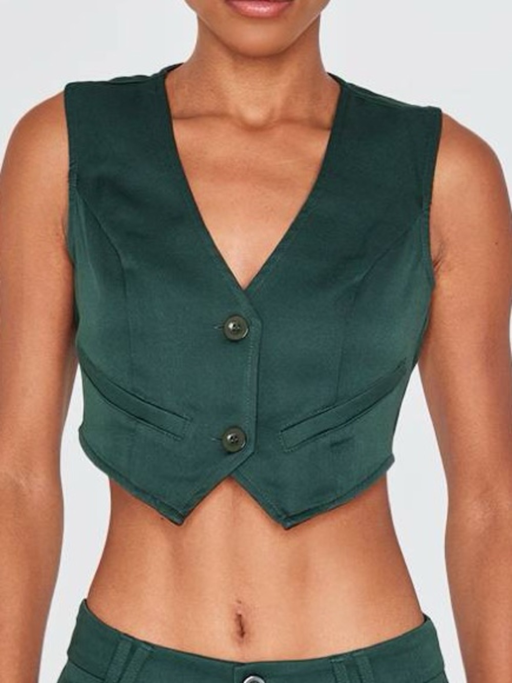 PrettyLittleThing Dark Green V-Neck Cropped Button Vest